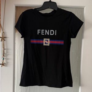 Fendi Crystal Sparkling Black Tee with Red, Blue ,Silver and  Gold Accents